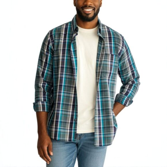 Van Heusen Classic Fit Plaid Checkered Button-Down Shirt Sz XL - Teal Navy Gray - Picture 1 of 13